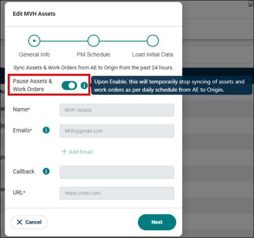 Pause Assets and Work Orders button